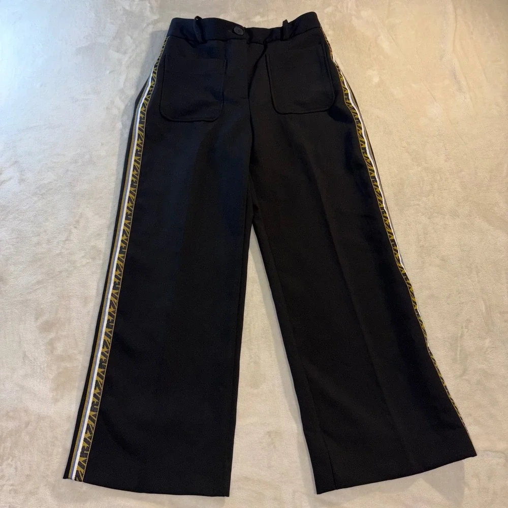 Zara Basic Black Wide Leg Side Stripe Trousers Gold Geometric Tape Small